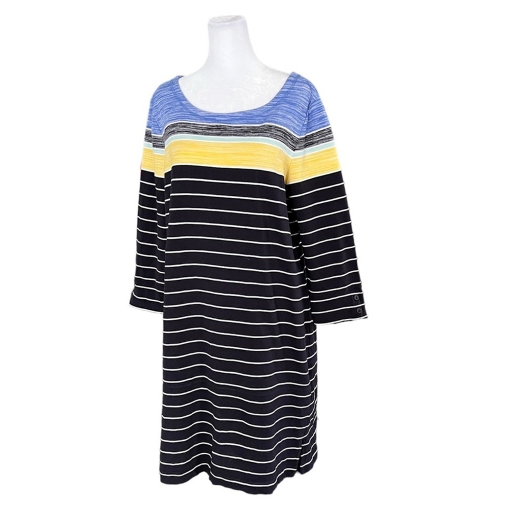 T by Talbots Blue Yellow Striped 3/4 Sleeve Dress Size Large